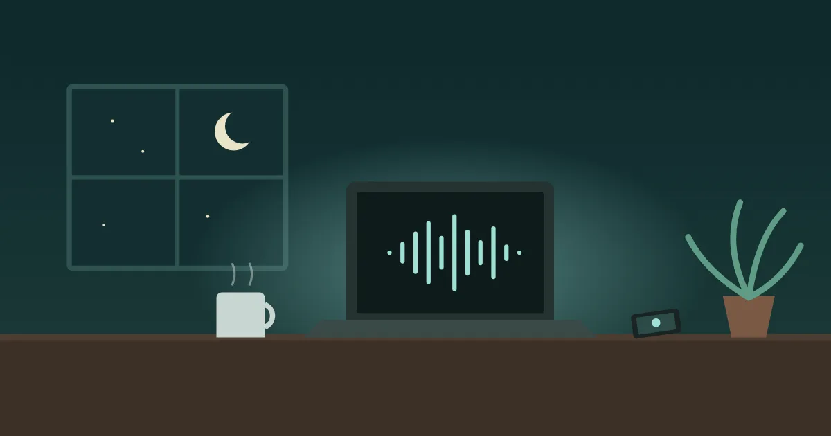 Illustration of a laptop showing a voice waveform on a kitchen table at night, beside a mug, a phone and a houseplant.