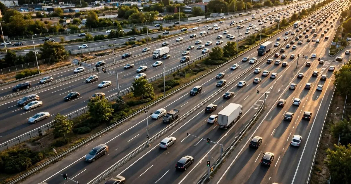 An elevated view of a busy multi-lane highway at sunset, with lane markings, traffic lights, and guardrails keeping traffic moving in order.