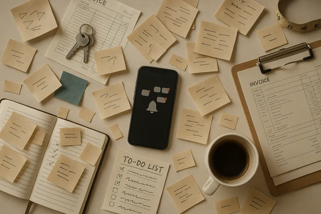A desk buried in sticky notes, invoices, a to-do list and a phone full of notifications.