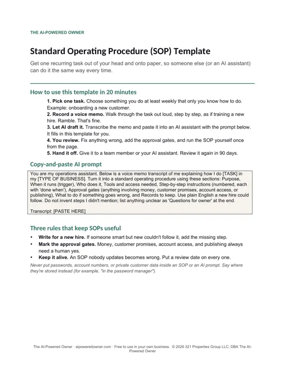 Page one of the SOP template: how to use it in 20 minutes and a copy-and-paste AI prompt.