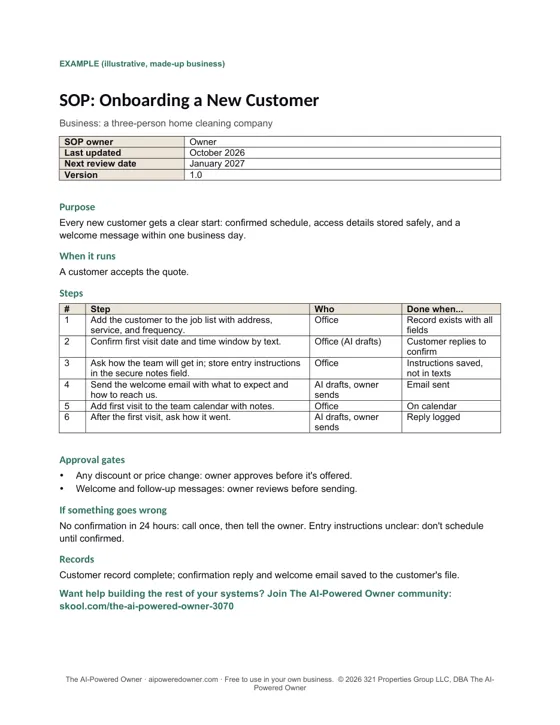 The filled-in example: an SOP for onboarding a new customer at a small cleaning company.